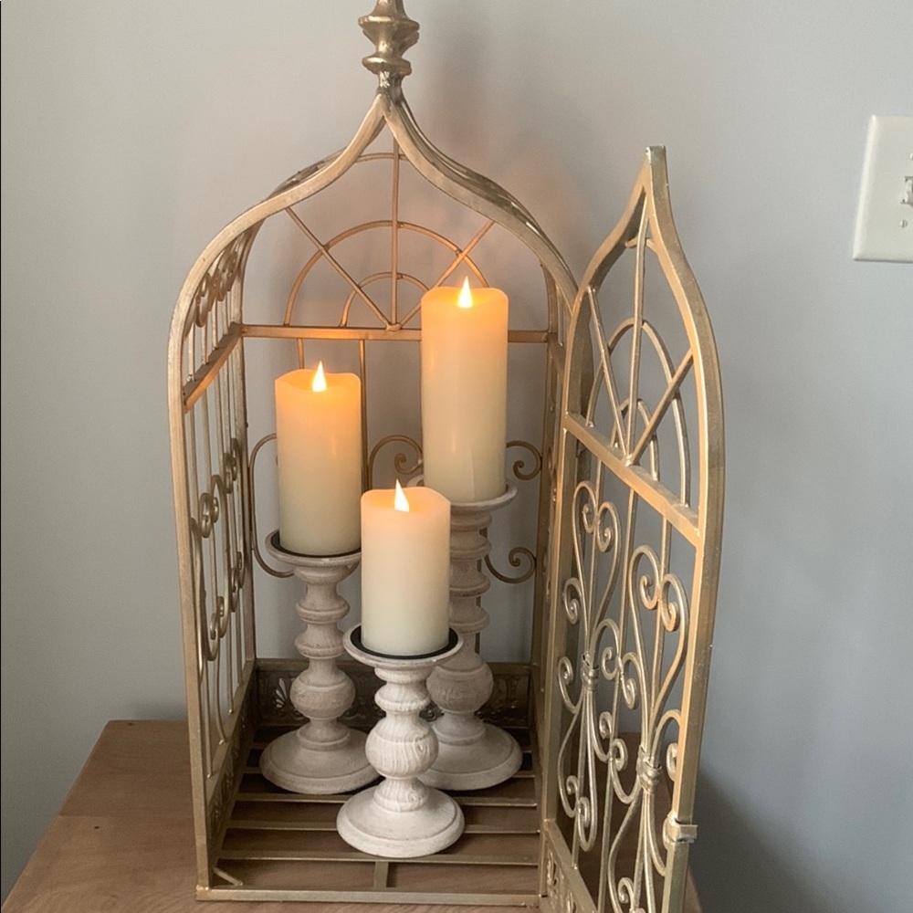 Elegant Gold Candle Holder Lantern bird cage large metal outdoor indoor home 28" - Picture 6 of 11